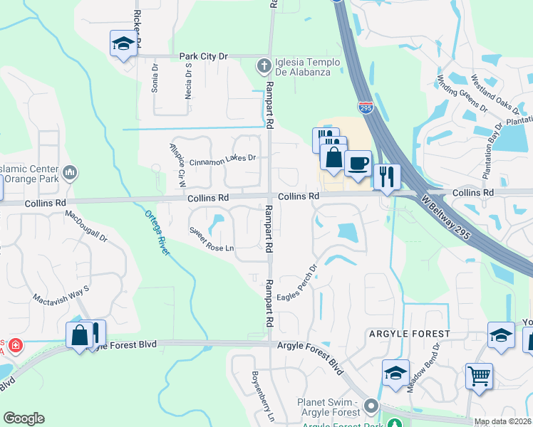 map of restaurants, bars, coffee shops, grocery stores, and more near 7947 Sweet Rose Lane in Jacksonville