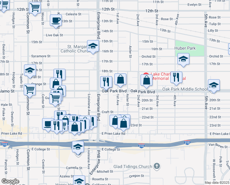 map of restaurants, bars, coffee shops, grocery stores, and more near 2909 Warren Avenue in Lake Charles
