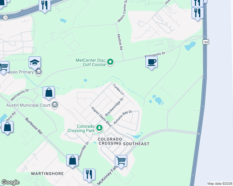 map of restaurants, bars, coffee shops, grocery stores, and more near 7220 Spirit Hill Road in Austin