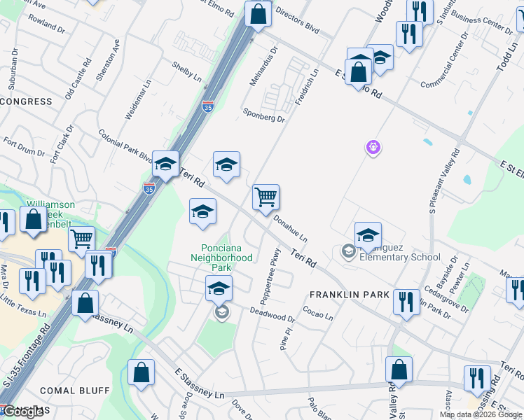 map of restaurants, bars, coffee shops, grocery stores, and more near 2101 Donahue Lane in Austin