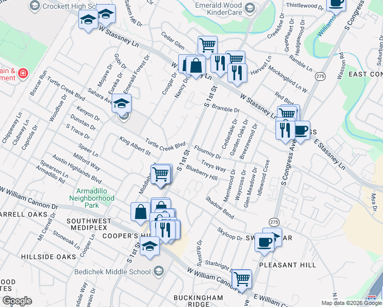 map of restaurants, bars, coffee shops, grocery stores, and more near 607 Treys Way in Austin