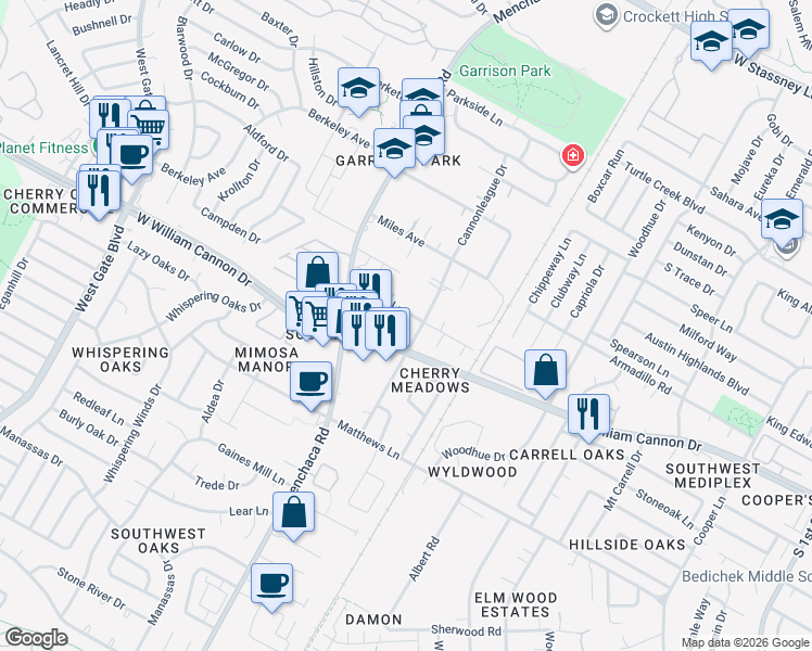 map of restaurants, bars, coffee shops, grocery stores, and more near 1901 W East William Cannon Drive in Austin