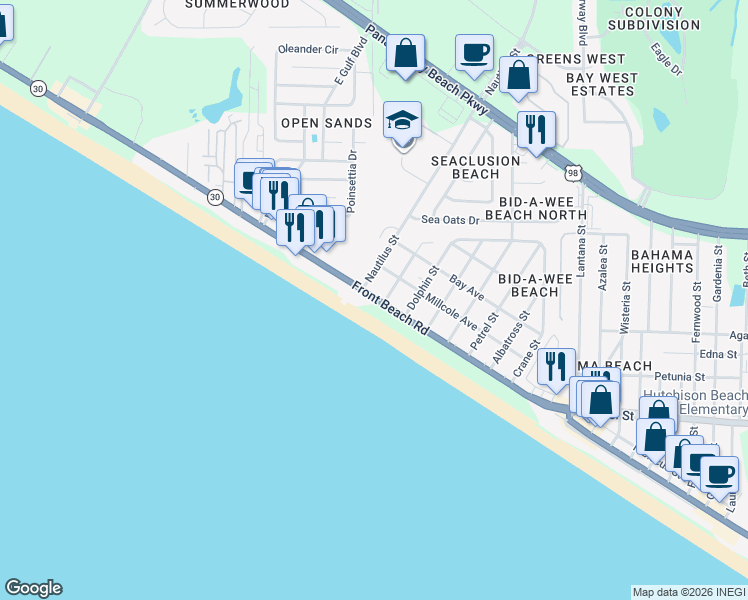 map of restaurants, bars, coffee shops, grocery stores, and more near 14320 Front Beach Road in Panama City Beach