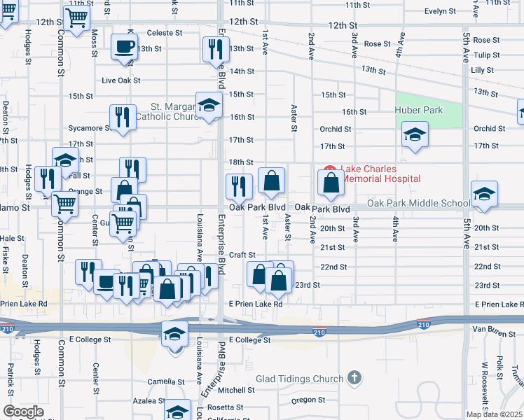 map of restaurants, bars, coffee shops, grocery stores, and more near 1320 Oak Park Boulevard in Lake Charles