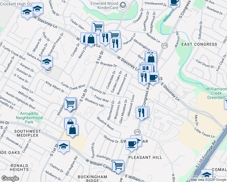 map of restaurants, bars, coffee shops, grocery stores, and more near Garden Oaks Dr in Austin