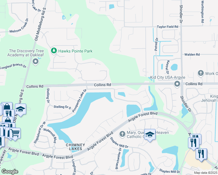 map of restaurants, bars, coffee shops, grocery stores, and more near 9111 Prosperity Lake Drive in Jacksonville