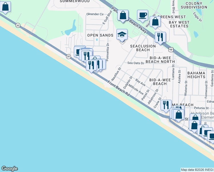 map of restaurants, bars, coffee shops, grocery stores, and more near 14320-14324 Front Beach Rd in Panama City Beach