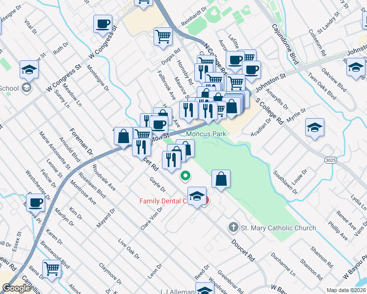 map of restaurants, bars, coffee shops, grocery stores, and more near 3121 Johnston Street in Lafayette