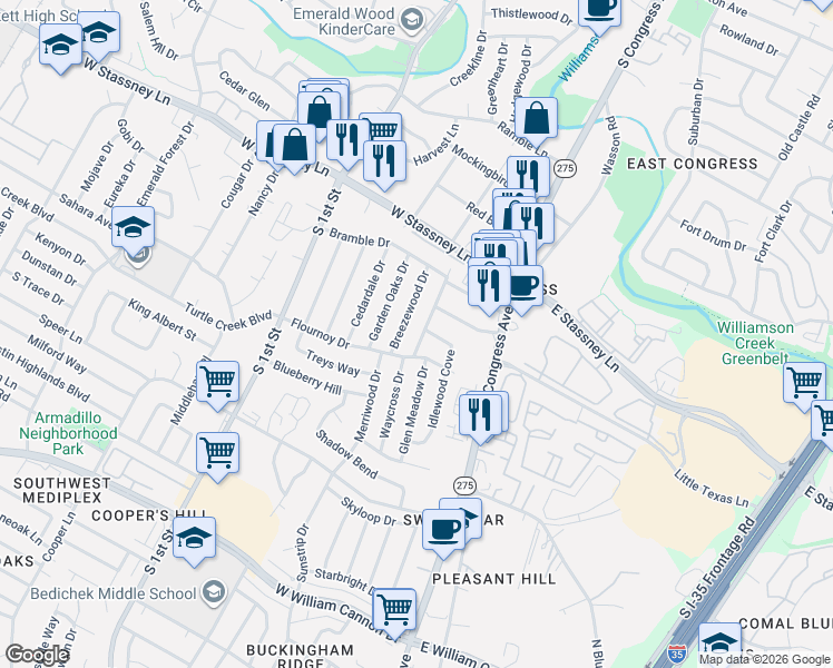 map of restaurants, bars, coffee shops, grocery stores, and more near 5806 Breezewood Drive in Austin
