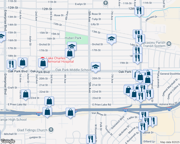 map of restaurants, bars, coffee shops, grocery stores, and more near 2200 Oak Park Boulevard in Lake Charles