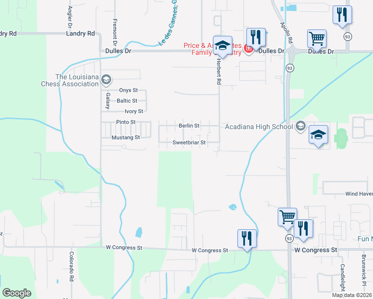 map of restaurants, bars, coffee shops, grocery stores, and more near 505 Scotsdale Street in Lafayette