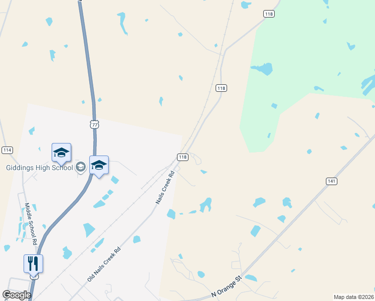 map of restaurants, bars, coffee shops, grocery stores, and more near County Road 118 in Giddings