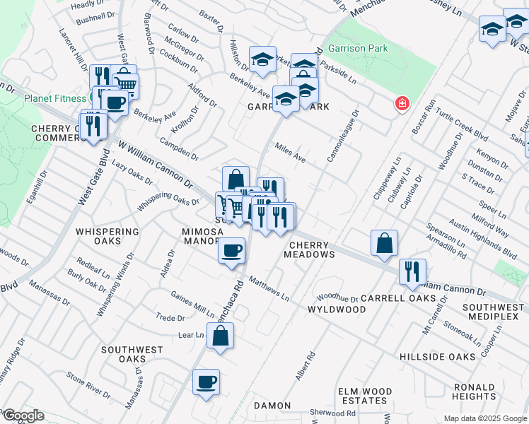 map of restaurants, bars, coffee shops, grocery stores, and more near 1915 Bissel Lane in Austin