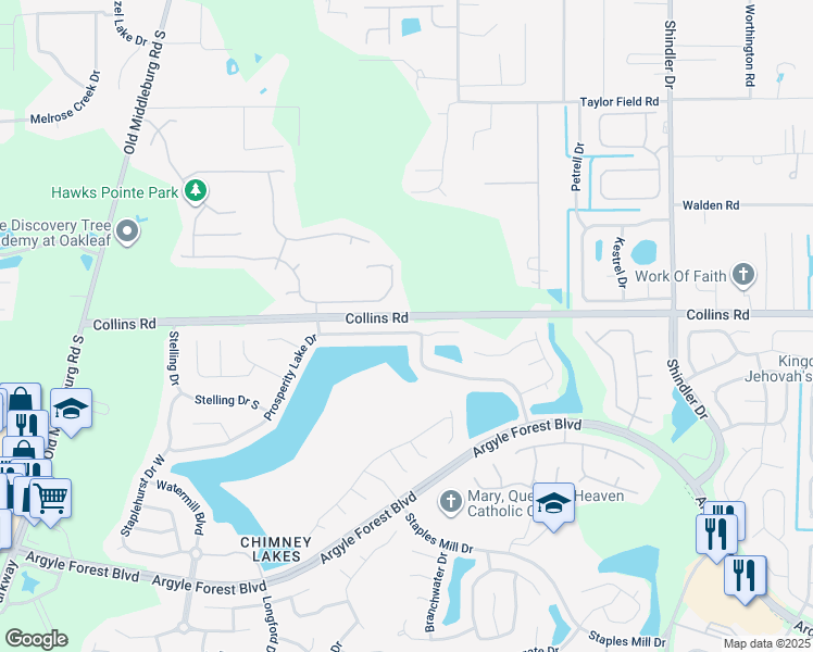 map of restaurants, bars, coffee shops, grocery stores, and more near 9105 Prosperity Lake Drive in Jacksonville
