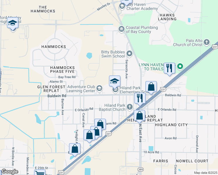 map of restaurants, bars, coffee shops, grocery stores, and more near 2507 East Baldwin Road in Panama City