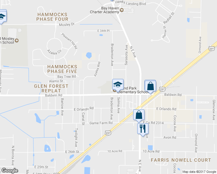 map of restaurants, bars, coffee shops, grocery stores, and more near 2507 East Baldwin Road in Panama City