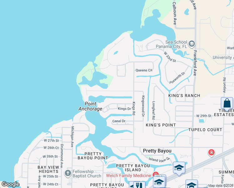 map of restaurants, bars, coffee shops, grocery stores, and more near 3016 West 30th Court in Panama City