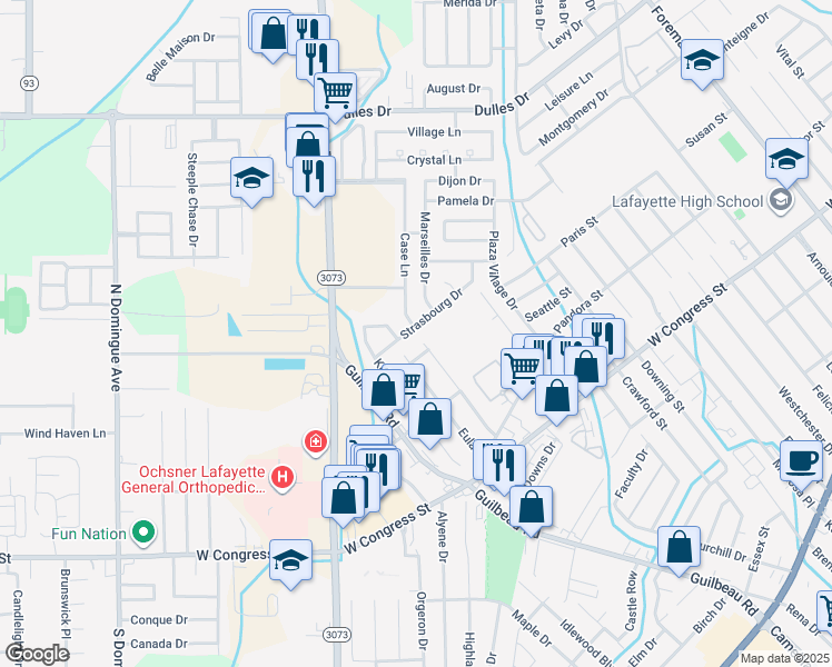 map of restaurants, bars, coffee shops, grocery stores, and more near 401 Strasbourg Drive in Lafayette