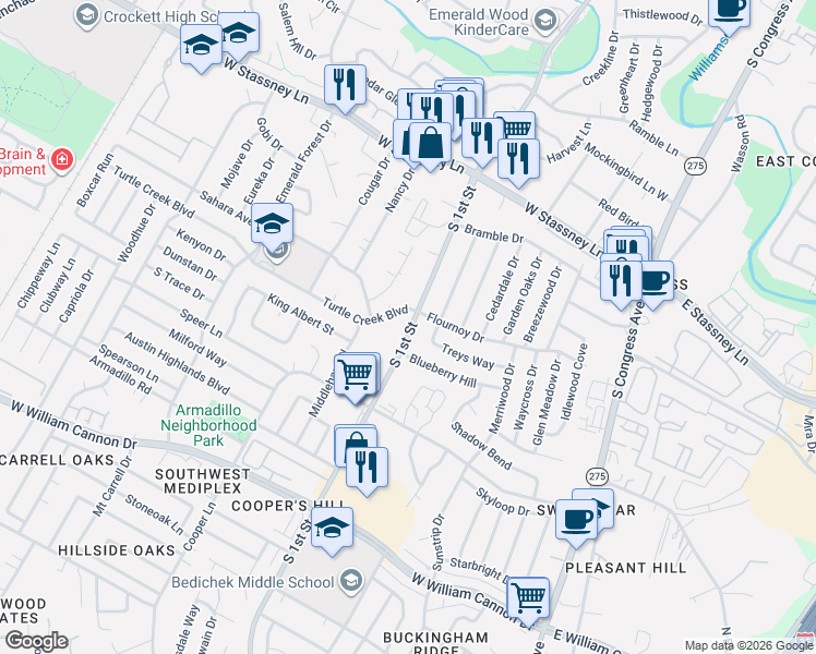 map of restaurants, bars, coffee shops, grocery stores, and more near 5907 South 1st Street in Austin
