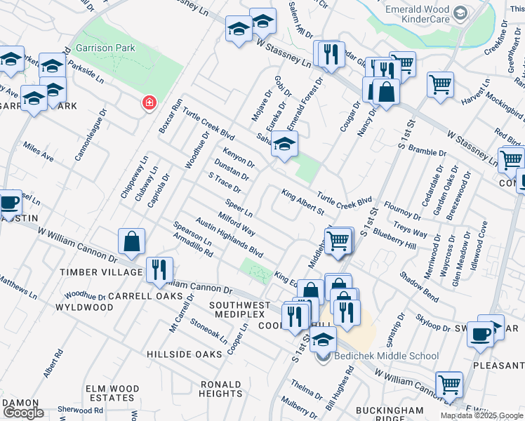 map of restaurants, bars, coffee shops, grocery stores, and more near 6302 Okner Lane in Austin