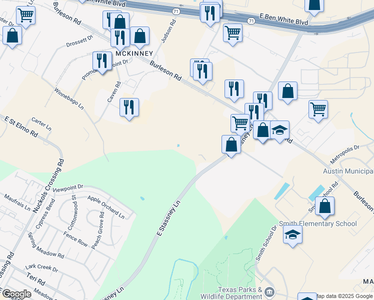 map of restaurants, bars, coffee shops, grocery stores, and more near 6230 East Stassney Lane in Austin