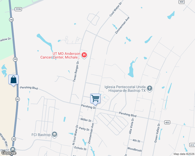 map of restaurants, bars, coffee shops, grocery stores, and more near 112 Mockingbird Street in Bastrop