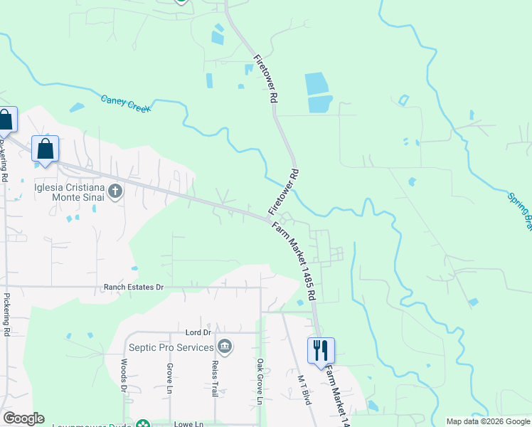 map of restaurants, bars, coffee shops, grocery stores, and more near 16895 Farm to Market 1485 in Conroe
