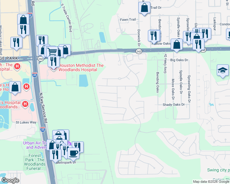 map of restaurants, bars, coffee shops, grocery stores, and more near 8144 Tranquil Lake Way in Conroe
