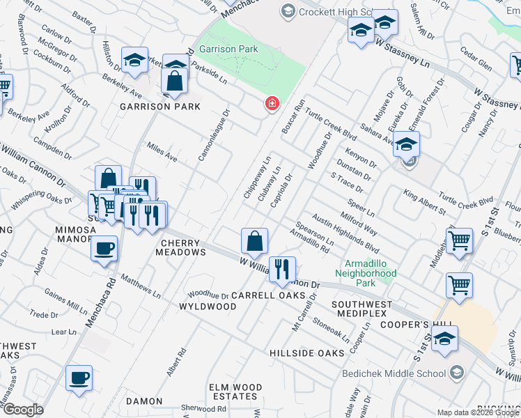 map of restaurants, bars, coffee shops, grocery stores, and more near 6508 Clubway Lane in Austin