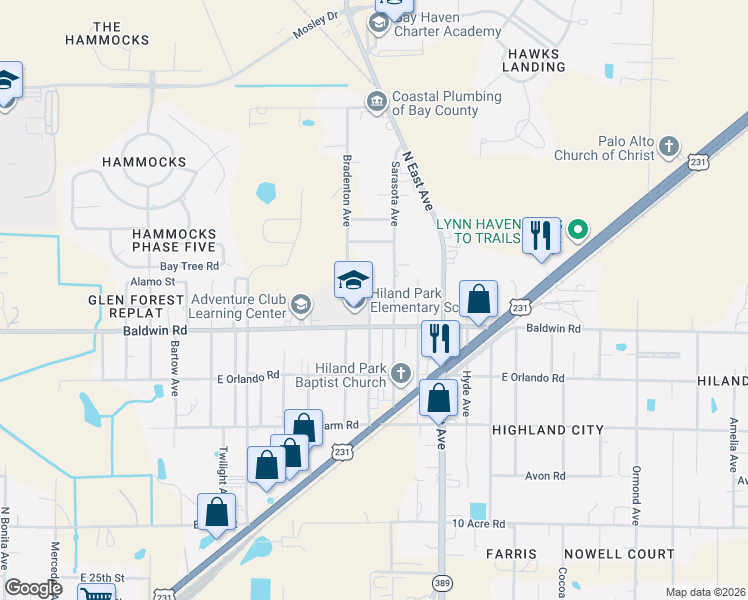 map of restaurants, bars, coffee shops, grocery stores, and more near 3034 Selma Avenue in Panama City