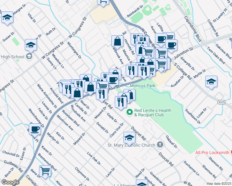 map of restaurants, bars, coffee shops, grocery stores, and more near 3123 1/2 Johnston Street in Lafayette