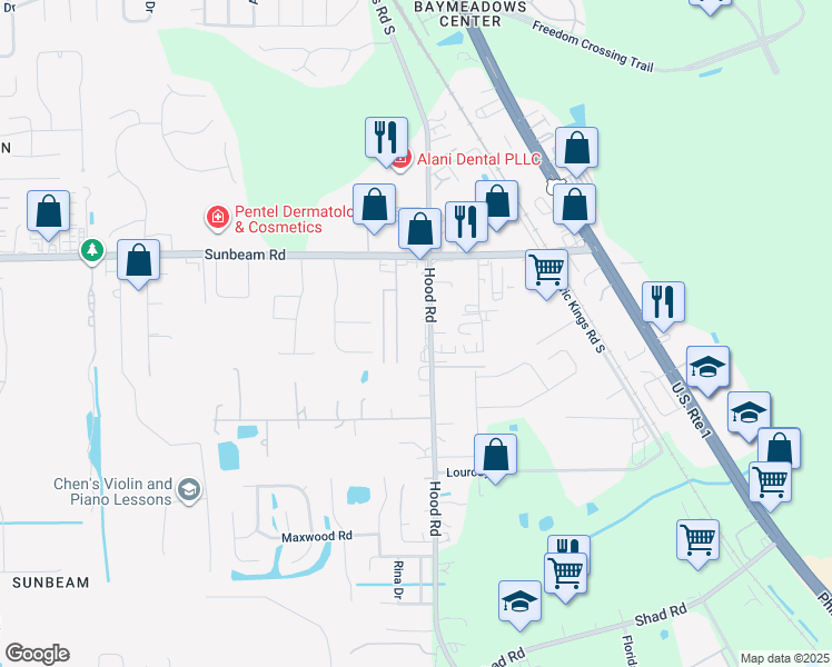 map of restaurants, bars, coffee shops, grocery stores, and more near 9605 Hood Road south in Jacksonville