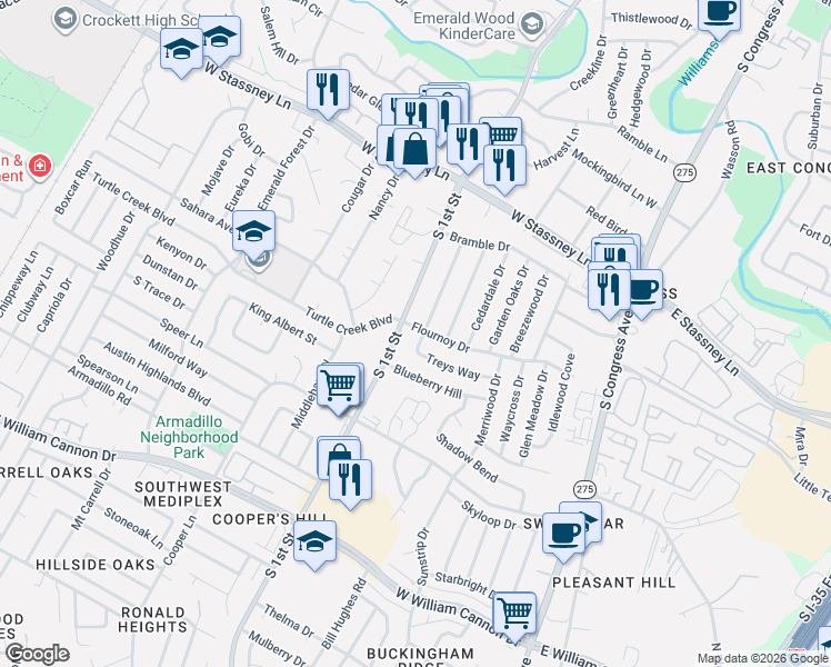 map of restaurants, bars, coffee shops, grocery stores, and more near 5907 South 1st Street in Austin