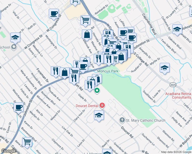 map of restaurants, bars, coffee shops, grocery stores, and more near 3121 Johnston Street in Lafayette