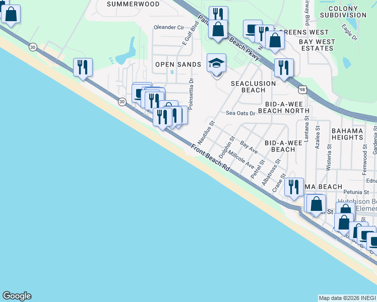 map of restaurants, bars, coffee shops, grocery stores, and more near 14415 Front Beach Road in Panama City Beach