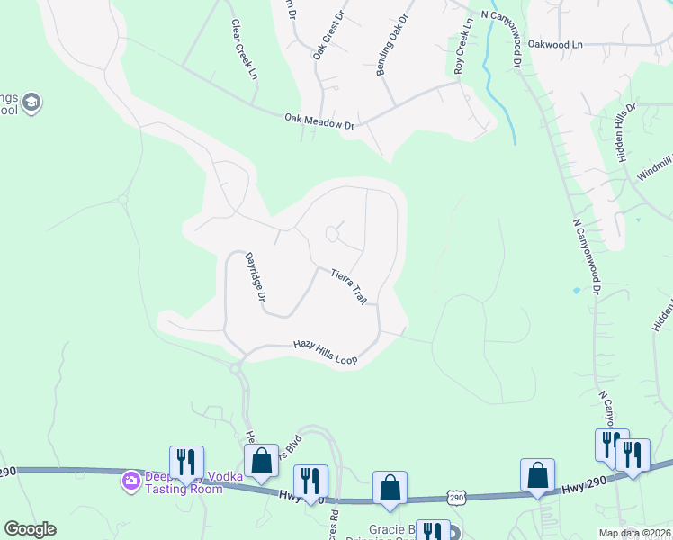 map of restaurants, bars, coffee shops, grocery stores, and more near 260 Tierra Trail in Dripping Springs