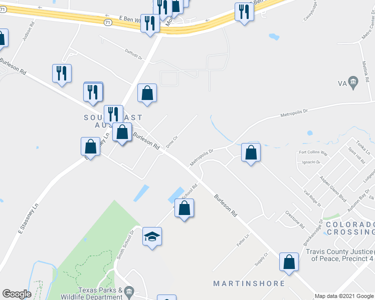 map of restaurants, bars, coffee shops, grocery stores, and more near 6500 Metropolis Drive in Austin
