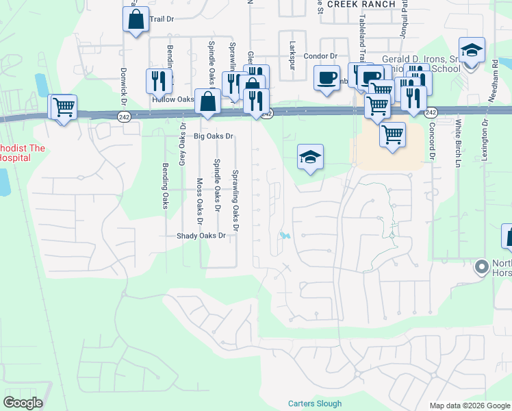 map of restaurants, bars, coffee shops, grocery stores, and more near 9858 Tern Court in Conroe