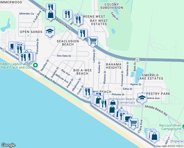 map of restaurants, bars, coffee shops, grocery stores, and more near 312 Lantana Street in Panama City Beach