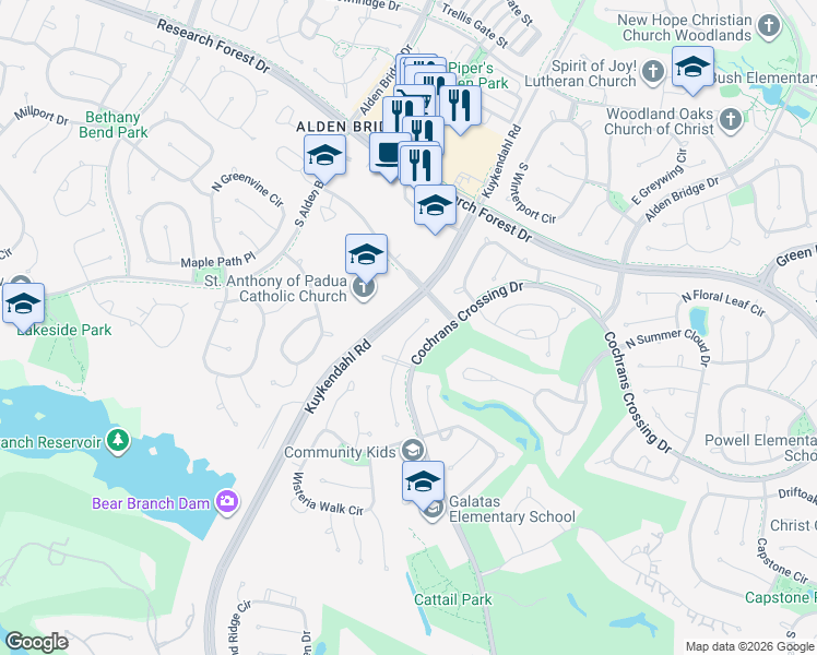 map of restaurants, bars, coffee shops, grocery stores, and more near 63 Candle Pine Place in Spring