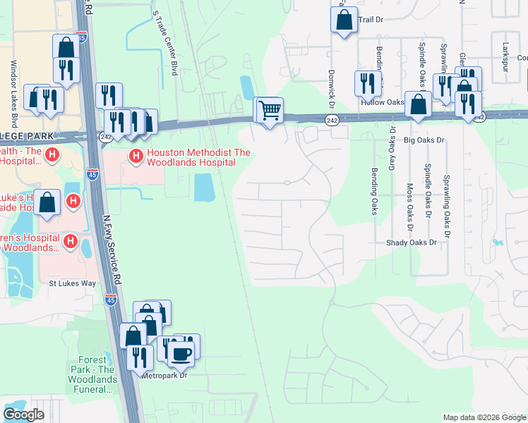 map of restaurants, bars, coffee shops, grocery stores, and more near 8144 Tranquil Lake Way in Conroe