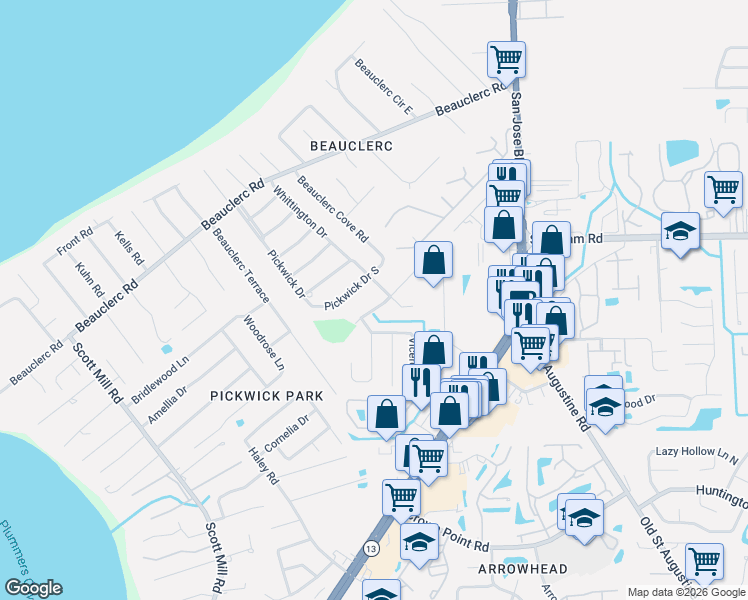 map of restaurants, bars, coffee shops, grocery stores, and more near 3386 Pickwick Drive South in Jacksonville