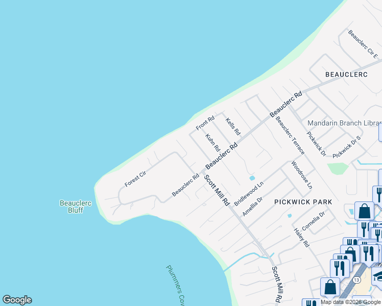 map of restaurants, bars, coffee shops, grocery stores, and more near 9516 Waterford Road in Jacksonville