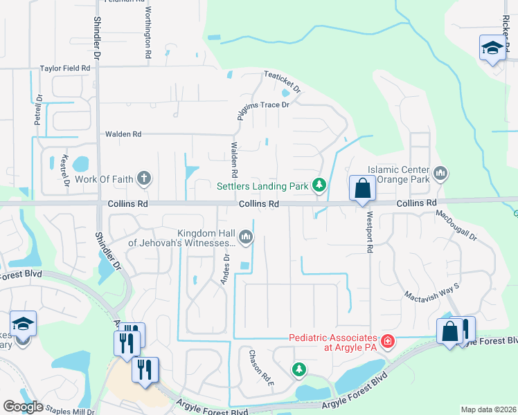map of restaurants, bars, coffee shops, grocery stores, and more near 7593 Springer Place in Jacksonville