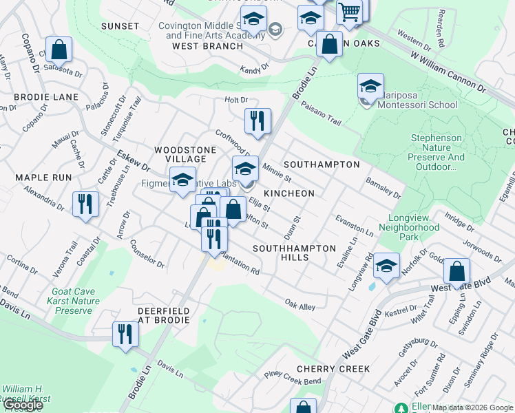 map of restaurants, bars, coffee shops, grocery stores, and more near 3418 Elija Street in Austin