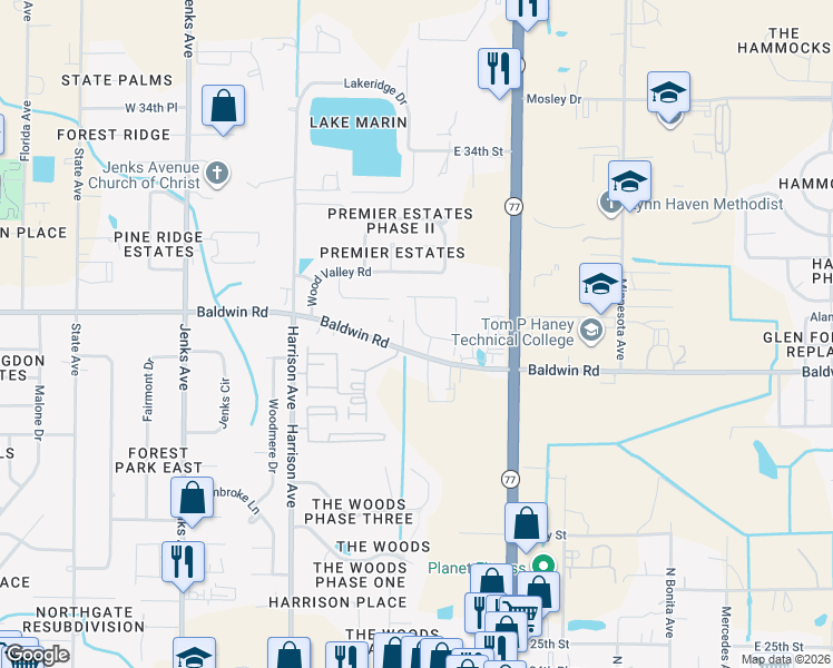 map of restaurants, bars, coffee shops, grocery stores, and more near 300 Baldwin Rowe Circle in Panama City
