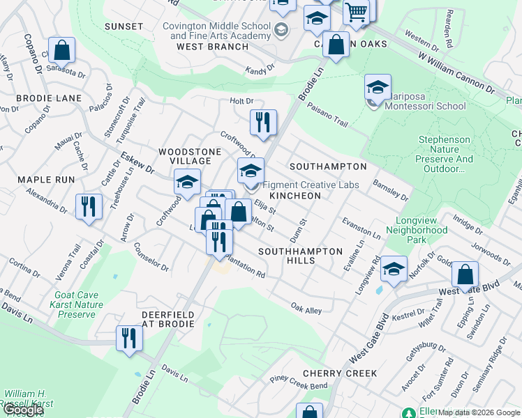map of restaurants, bars, coffee shops, grocery stores, and more near 3418 Elija Street in Austin