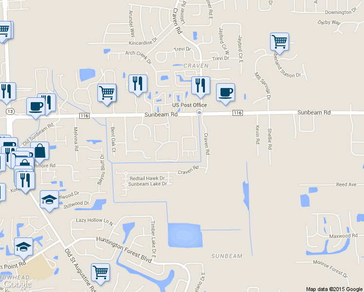 map of restaurants, bars, coffee shops, grocery stores, and more near 9575 Amarante Circle in Jacksonville