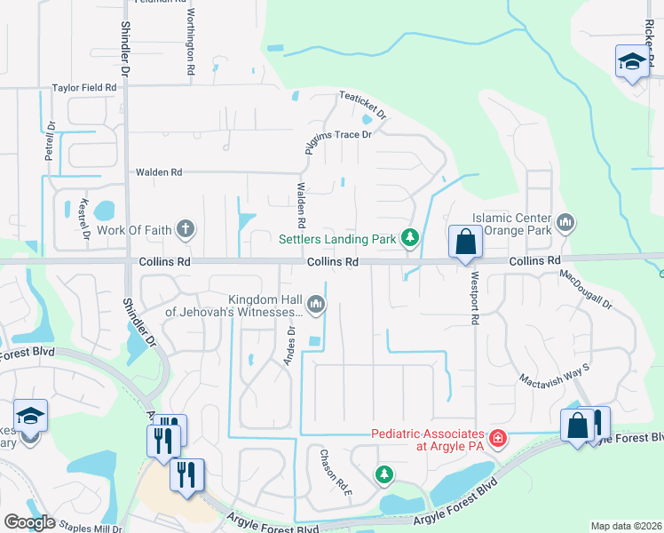 map of restaurants, bars, coffee shops, grocery stores, and more near 7593 Springer Place in Jacksonville