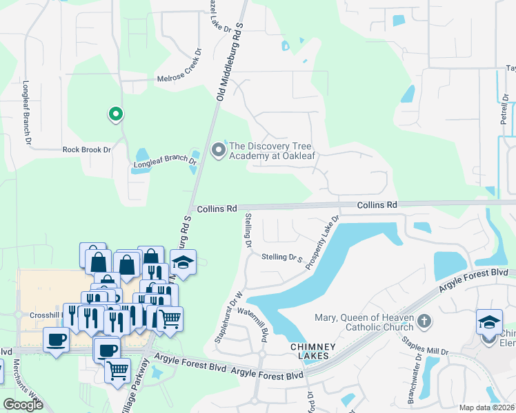 map of restaurants, bars, coffee shops, grocery stores, and more near 9526 Daniel's Mill Drive in Jacksonville